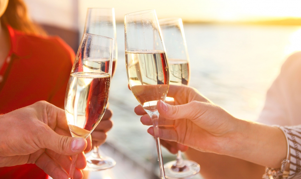 Individuals cheersing glasses f champagne on a dinner cruise