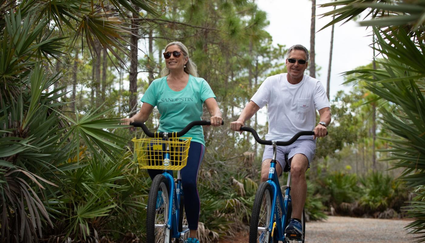 A couple biking