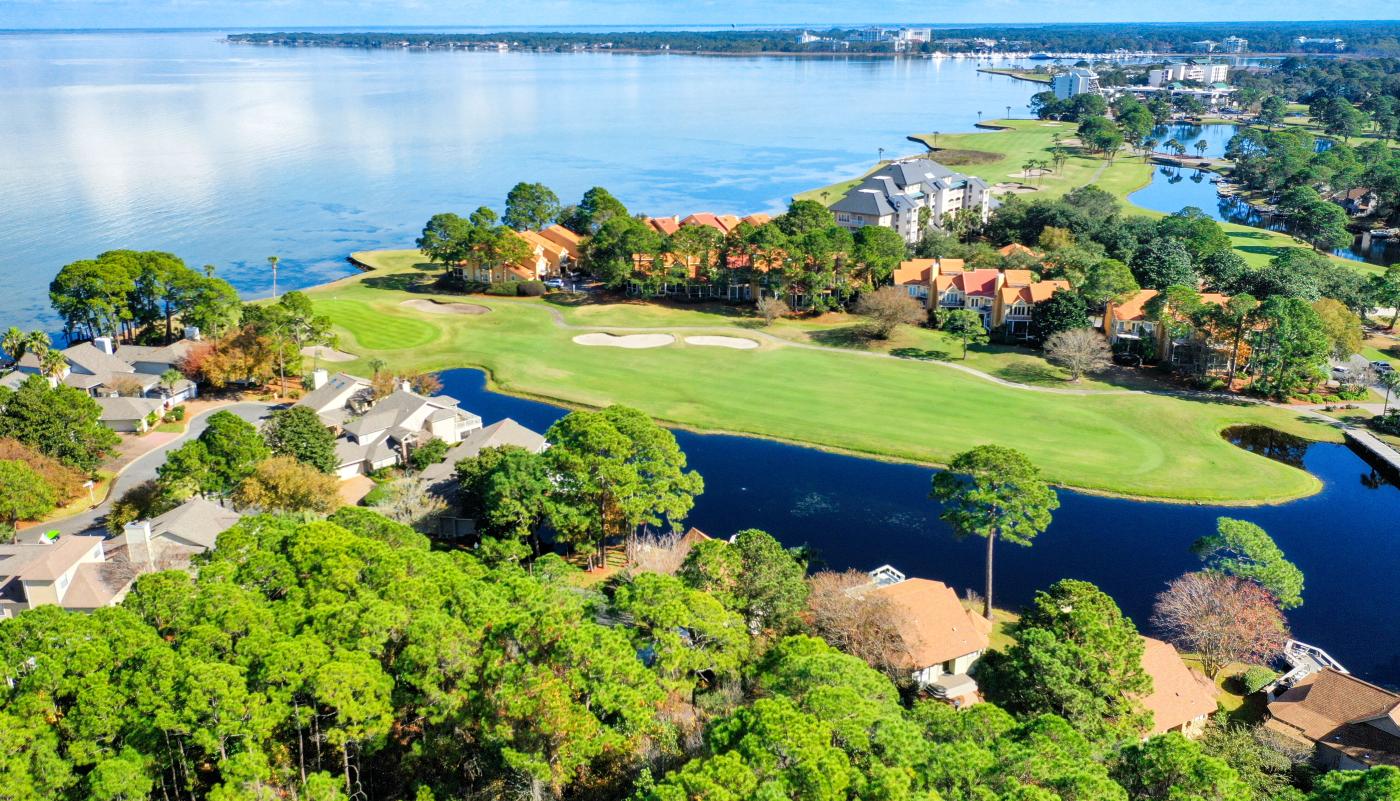 Aerial shot of a golf fairway. 