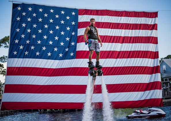 Hydroflight demonstration in front of American flag