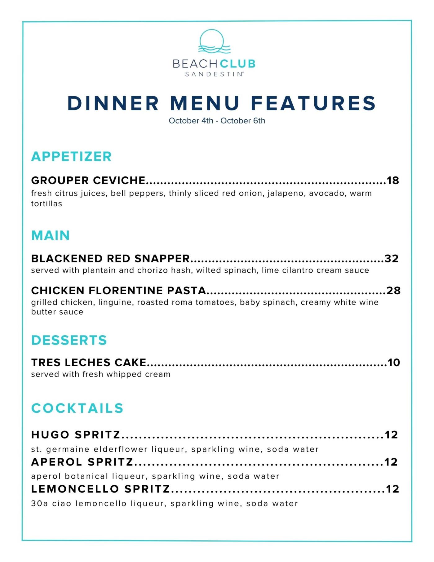 Beach Club Dinner Menu