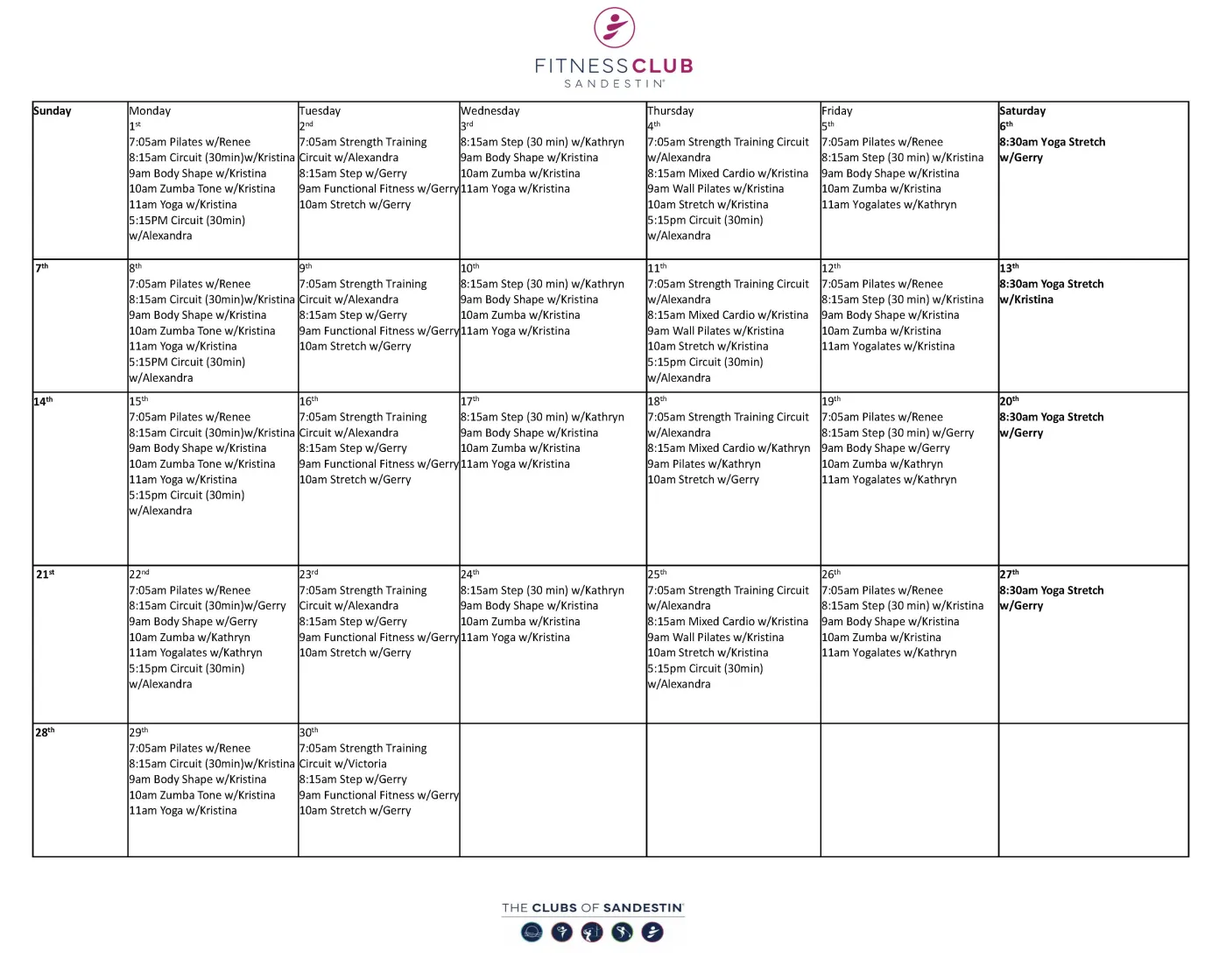 June 2026 Fitness Class Schedule