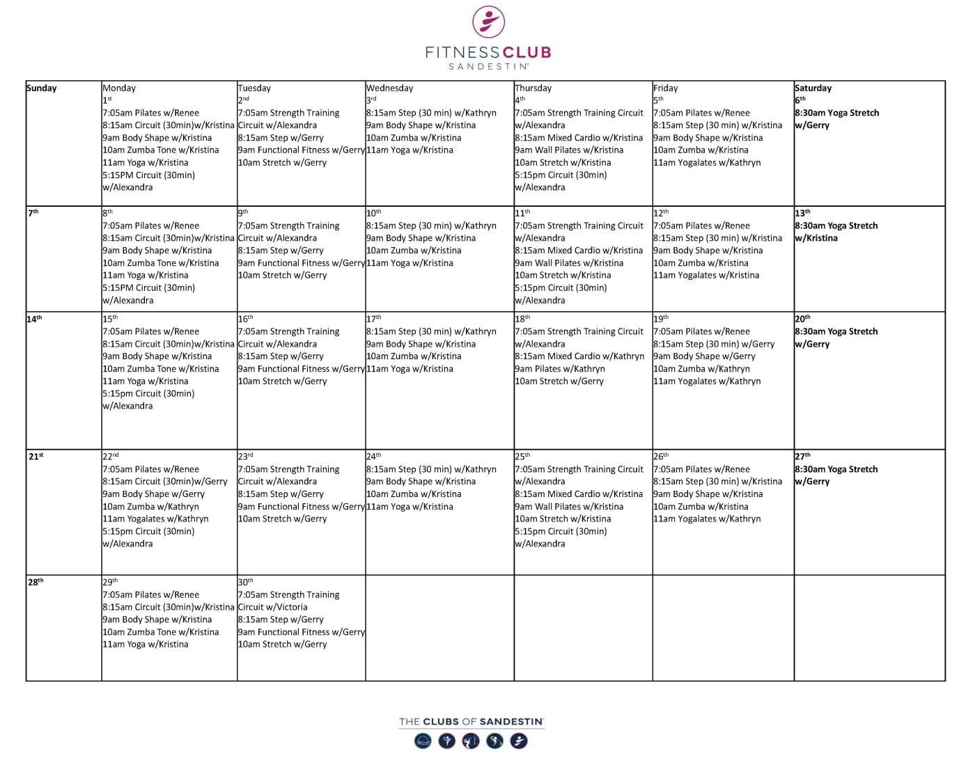 June 2026 Fitness Class Schedule
