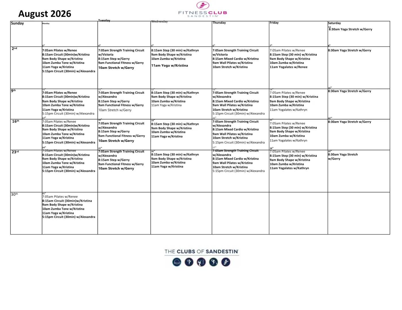 August Fitness Schedule