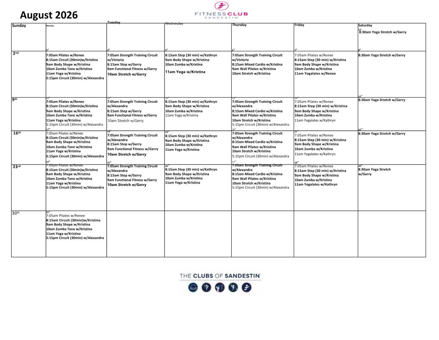 August Fitness Schedule
