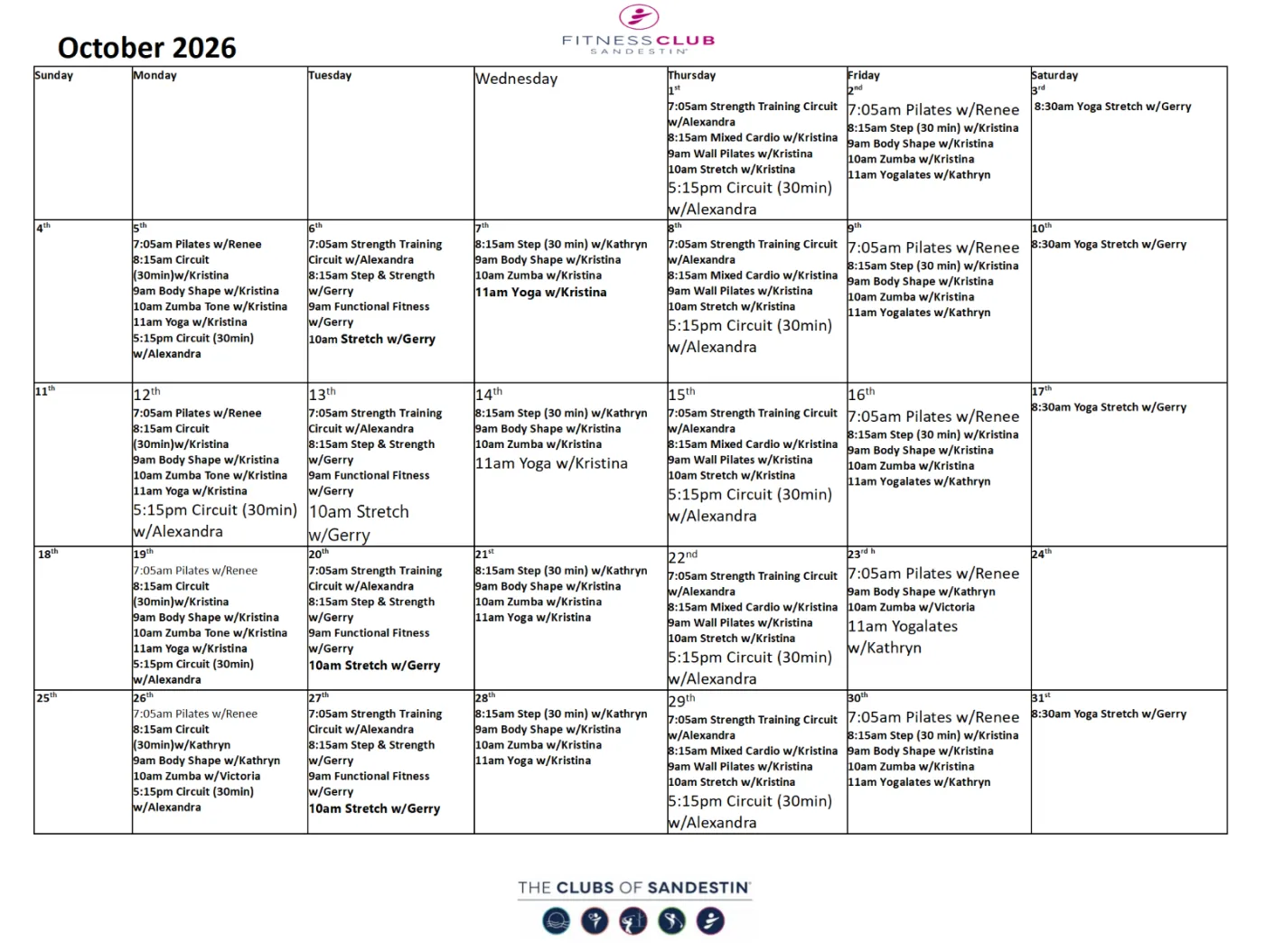 October Fitness Club Calendar 2026 with different fitness classes each day