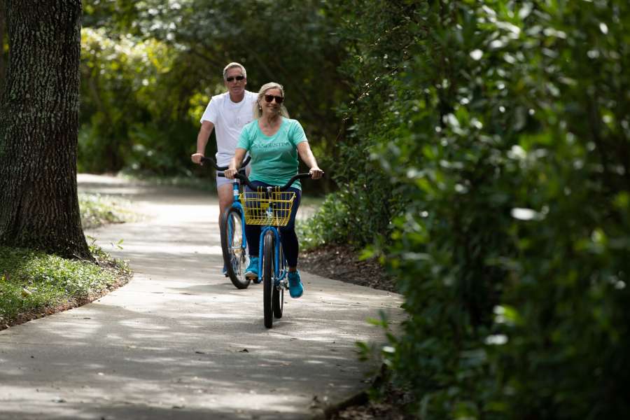 A couple biking