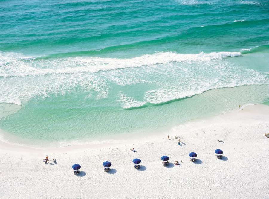 Beach chair umbrellas lined up in a row on the beach