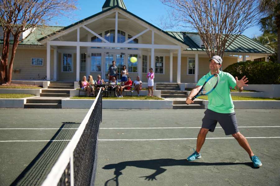 Tennis court with group