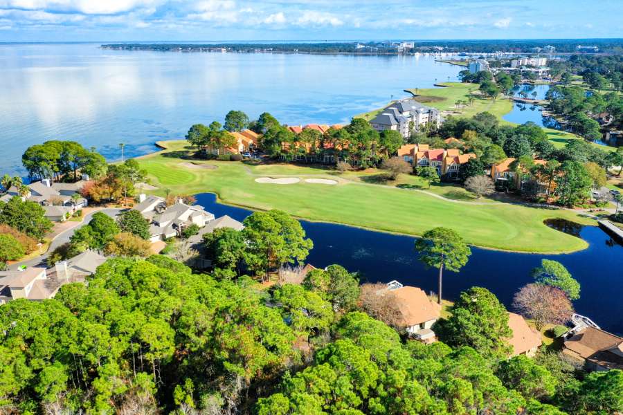 Aerial shot of a golf fairway. 