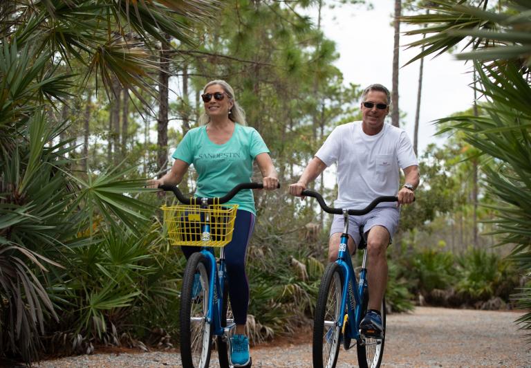 A couple biking