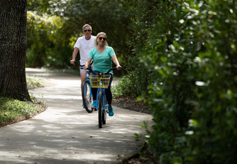 A couple biking