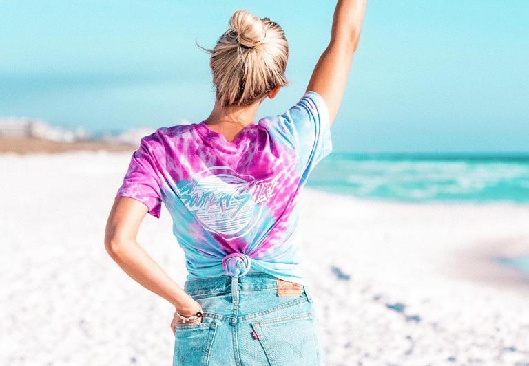 Woman in tie-dye shirt