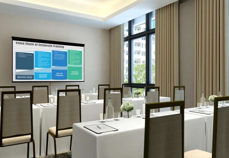 meeting set up with long tables