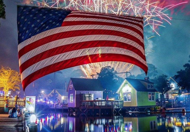 Fireworks over the USA Flag at Baytowne Wharf