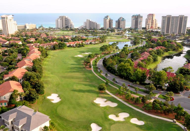 Aerial shot of a golf fairway.
