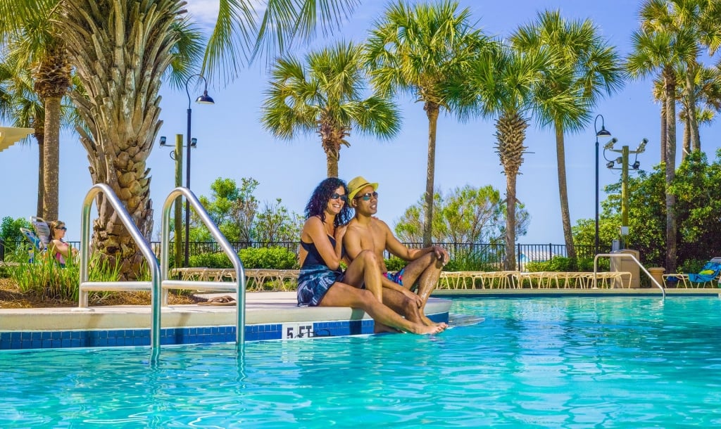 Couple relaxing at the edge of a pool