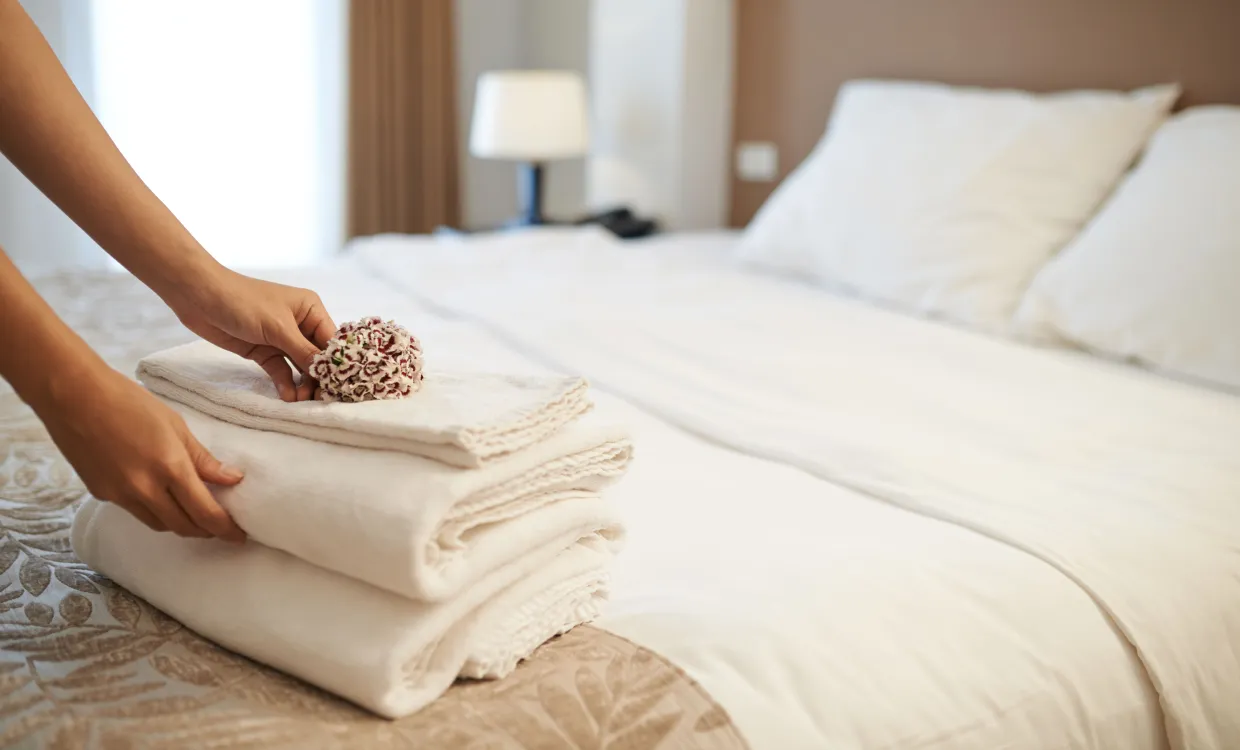 individual putting fresh towels on a bed