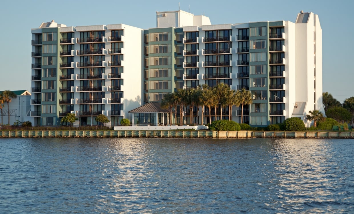 Bayside at Sandestin building with water in the foreground